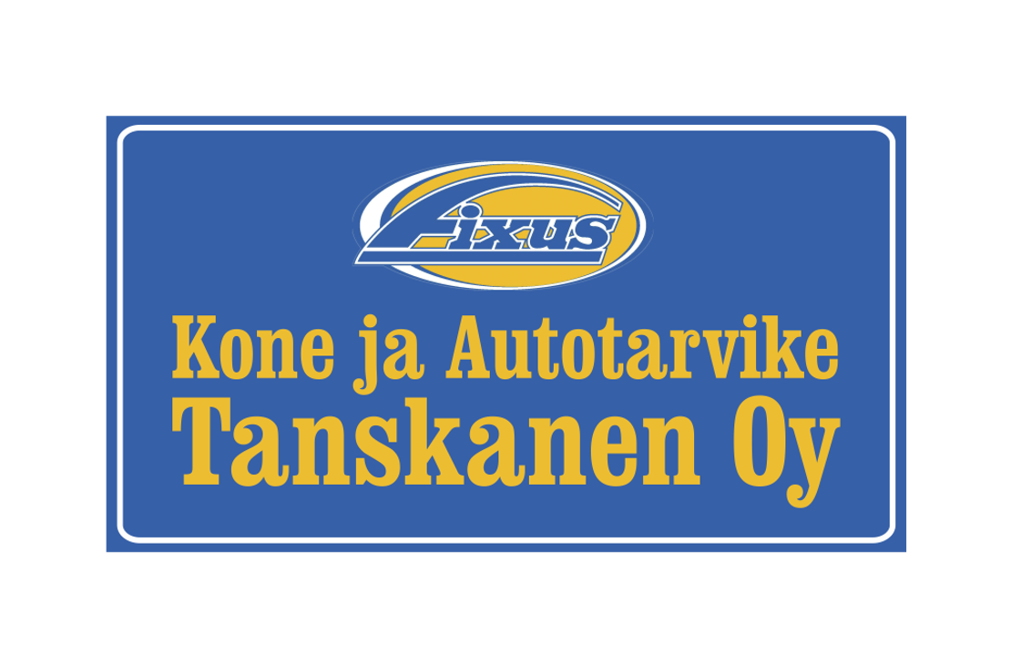 Kone ja Autotarvike Tanskanen Oy -yrityksen kyltti tai mainos. Tausta on tummansininen, jossa on valkoinen reunus. Ylhäällä keskellä on Fixus-logon tunnus: valko-sininen ja keltainen, tyylitelty logo. Logon alapuolella on teksti isoin, keltaisin kirjaimin kahdella rivillä: "Kone ja Autotarvike" ja "Tanskanen Oy".