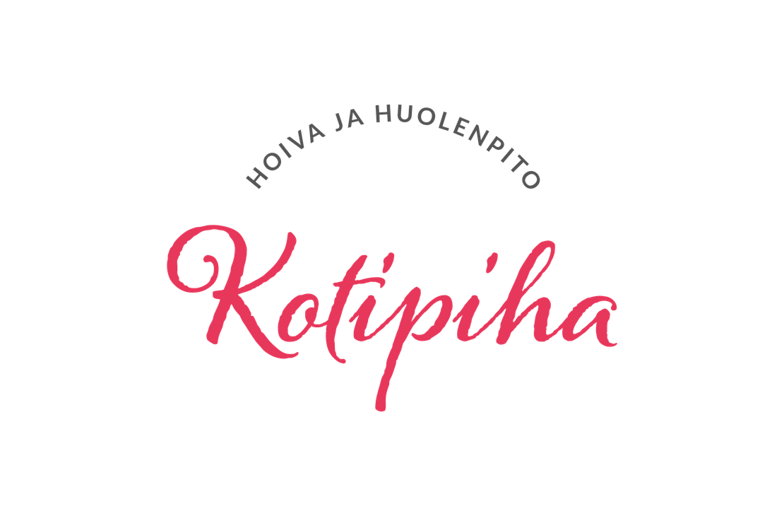 Kotipiha Hoiva ja Huolenpito -yrityksen logo. Sana "Kotipiha" on kirjoitettu suurella, punaisella, koristeellisella, käsinkirjoitetulla fontilla. Sen yläpuolella on kaarevasti sijoitettu harmaalla, pienemmällä tekstillä sanat "HOIVA JA HUOLENPITO". Logo on valkoisella taustalla.