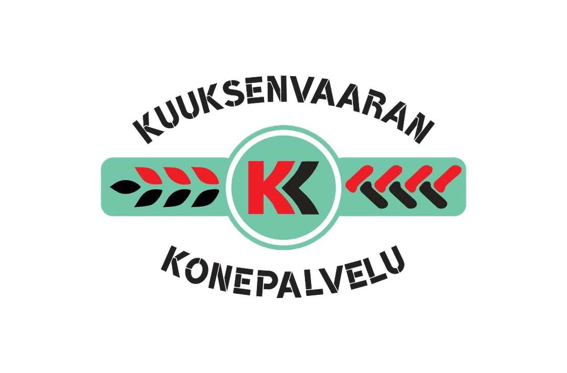 Kuuksenvaaran Konepalvelu -yrityksen logo. Logossa on vaalean turkoosinvärinen vaakasuora palkki, jonka molemmissa päissä on tyyliteltyjä mustia ja punaisia lehtiä tai tähkiä. Keskellä on pyöreä tunnus, jossa on punainen iso K ja musta pienempi k päällekkäin. Tunnuksen yläpuolella kaarevasti lukee mustalla, stencil-tyylisellä fontilla "KUUKSENVAARAN" ja alapuolella kaarevasti "KONEPALVELU". Logo on valkoisella taustalla.