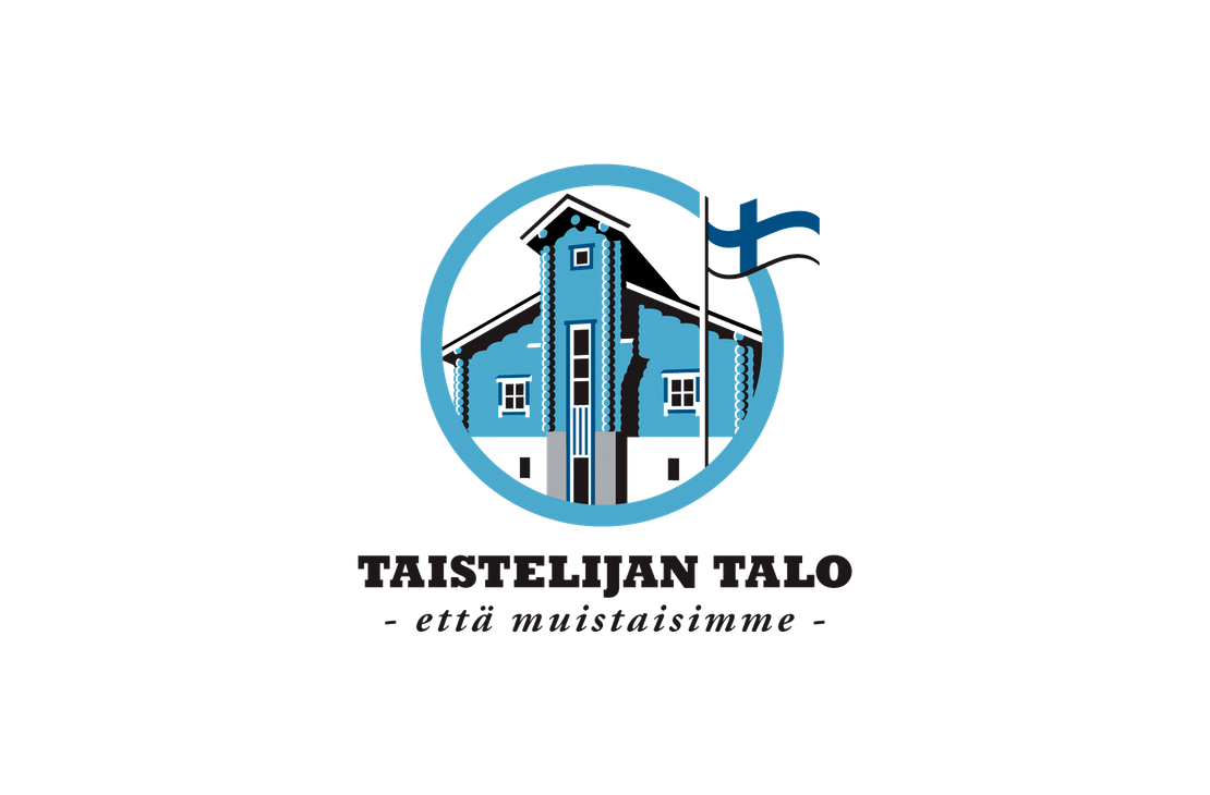 Taistelijan Talo -museon tai muistomerkin logo. Logossa on vaaleansininen, paksu ympyrä, jonka sisällä on tyylitelty, sininen hirsimökki tai tupa. Mökin taustalla liehuu Suomen lippu. Ympyrän alapuolella lukee isolla, mustalla tekstillä "TAISTELIJAN TALO" ja sen alla pienemmällä, kursivoidulla tekstillä "- että muistaisimme -". Logo on valkoisella taustalla.