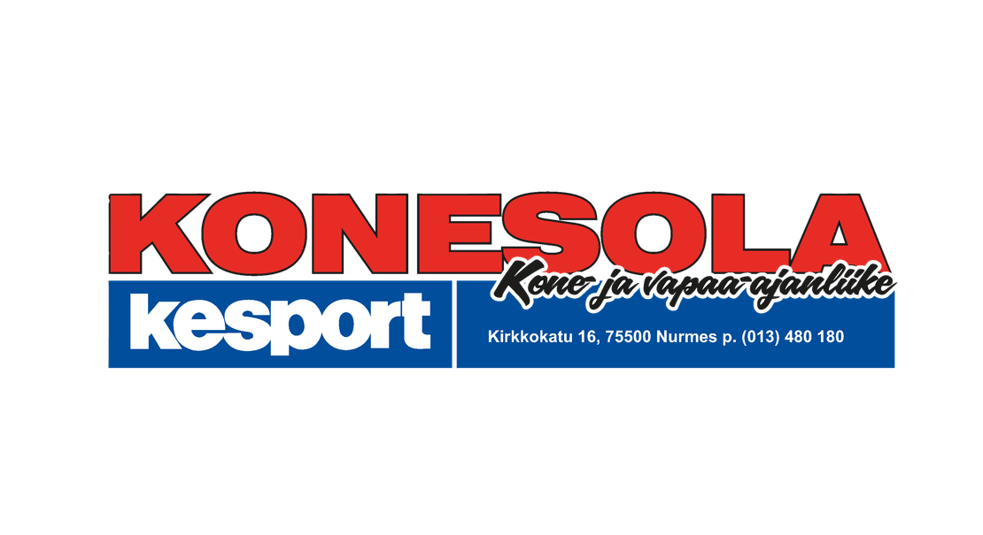 Kesport Konesola Kone ja Vapaa-ajanliike -yrityksen logo ja yhteystiedot. Ylärivillä on suuri, punainen, lihavoitu teksti "KONESOLA". Sen alapuolella on jaettu sininen palkki: Vasemmalla on valkoisella tekstillä "kesport". Oikealla puolella sinisellä pohjalla on mustalla, kursivoidulla tekstillä "Kone ja Vapaa-ajanliike", ja sen alla pienemmällä fontilla osoite ja puhelinnumero: "Kirkkokatu 16, 75500 Nurmes p. (013) 480 180". Logo on valkoisella taustalla.