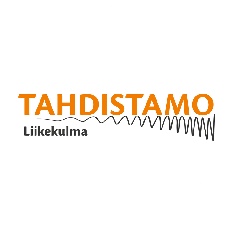Tahdistamo Liikekulma -yrityksen logo. Logo on py&ouml;re&auml;, valkoinen tunnus. Vasemmalla lukee isolla, oranssilla tekstill&auml; "TAHDISTAMO". Sen alapuolella on pienemm&auml;ll&auml;, harmaalla tekstill&auml; "Liikekulma". Oikealle levitt&auml;ytyy musta, aaltoileva viiva, joka muistuttaa aaltomuotoa tai tahdistimen k&auml;yr&auml;&auml;.
