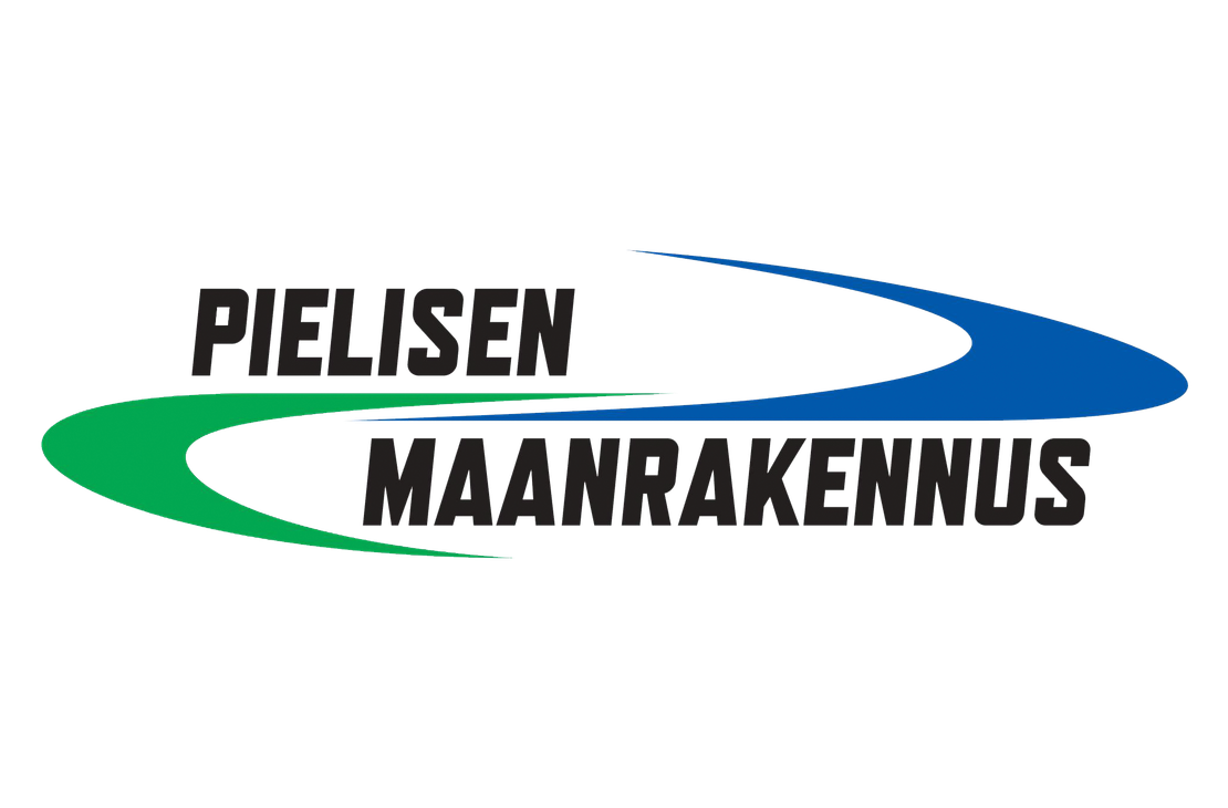 Pielisen Maanrakennus -yrityksen logo. Logossa on kaksi kaarevaa, toisiaan halaavaa elementtiä: vasemmalla vihreä ja oikealla sininen. Vihreä kaari on sijoitettu yläpuolelle ja sininen alapuolelle. Näiden yläpuolella lukee mustalla, isolla fontilla "PIELISEN" ja alapuolella niin ikään mustalla, isolla fontilla "MAANRAKENNUS". Logo on valkoisella taustalla.