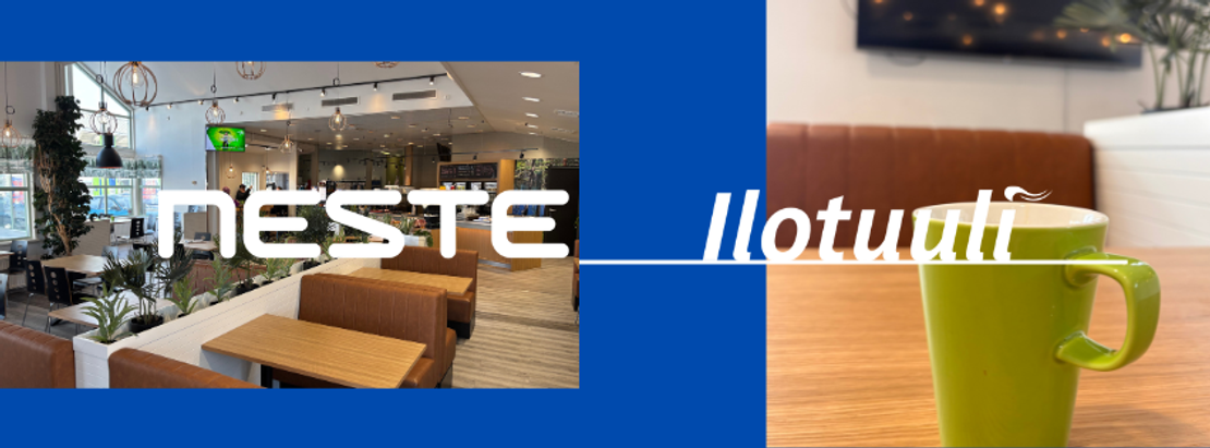 Ulkokuva lumisesta Neste Iilotuuli -huoltoasemasta, jonka edess&auml; on opastetaulu palveluista kuten huolto, lounas ja kahvila. Kuvan yl&auml;reunassa on Neste Iilotuuli -logo sinisell&auml; pohjalla.