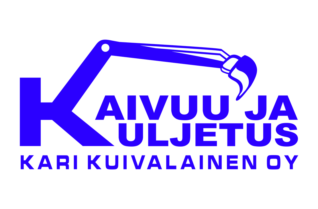 Kaivuu ja Kuljetus Kari Kuivalainen Oy (KKKK) -yrityksen logo. Logossa on suuri, sininen, tyylitelty "K"-kirjain, jonka yläosasta lähtee kaivinkoneen puomi ja kauha vaakatasossa. Kauhan yläpuolella lukee sinisellä, isolla fontilla "KAIVUU JA KULJETUS" kahdella rivillä. Aivan alimpana on teksti "KARI KUIVALAINEN OY" pienemmällä sinisellä fontilla. Logo on valkoisella taustalla.