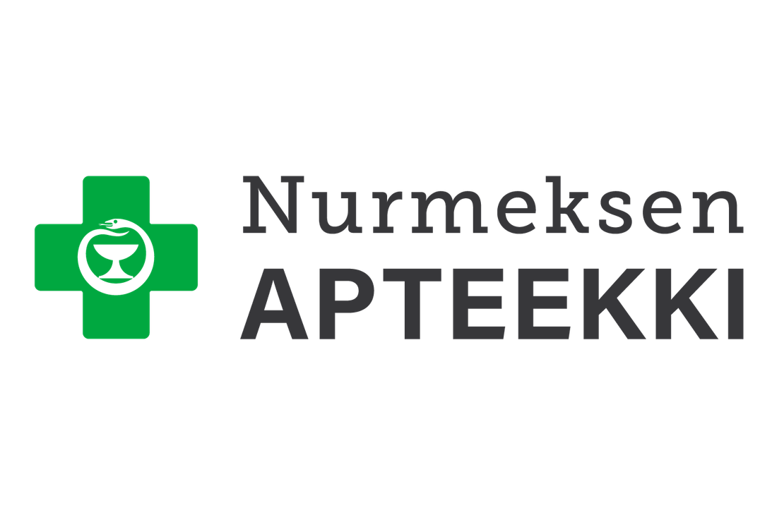 Nurmeksen Apteekki -logo. Vasemmalla on kirkkaanvihreä ristisymboli, jonka keskellä on valkoinen lääkekalkki (malja ja käärme) -kuvio. Oikealla on kaksi riviä tummanharmaata tekstiä: ylärivillä pienemmällä fontilla "Nurmeksen" ja alarivillä isolla, paksulla fontilla "APTEEKKI". Logo on valkoisella taustalla.