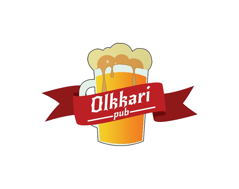 Pub Olkkari -yrityksen logo. Logossa on sarjakuvamainen piirros isosta oluttuopista, joka on täynnä keltaista olutta ja jossa on runsas, valkoinen/beige vaahtokruunu, josta valuu olutta yli reunojen. Tuopin edessä on punainen, kaareva nauha tai viiri, jossa lukee valkoisella, goottilaisella fontilla "Olkkari" ja sen alla pienemmällä fontilla "-pub-".