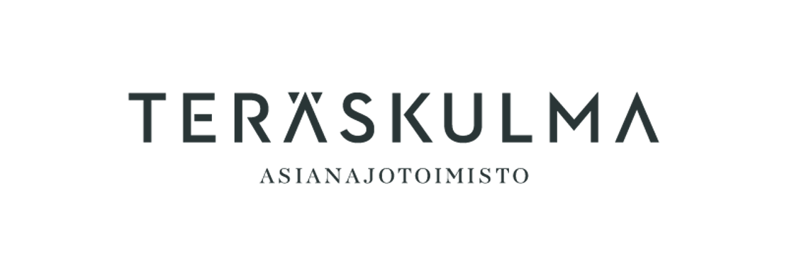 Teräskulma Asianajotoimisto -yrityksen logo. Logossa on tummanharmaa, isoin kirjaimin kirjoitettu teksti "TERÄSKULMA". A-kirjaimessa on tyylitelty, kulmikas X:n kaltainen muoto. Tekstin alapuolella lukee pienemmällä, tummanharmaalla tekstillä "ASIANAJO TOIMISTO" (tai yhdistettynä). Logo on sijoitettu mustalle taustalle.