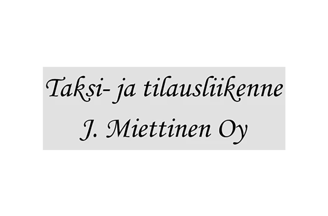 Taksi- ja tilausliikenne J. Miettinen Oy -yrityksen logo tai tunnus. Teksti on sijoitettu vaaleanharmaalle vaakasuoralle palkille. Mustalla, kursivoidulla, serif-fontilla lukee ylärivillä "Taksi- ja tilausliikenne" ja alarivillä "J. Miettinen Oy".