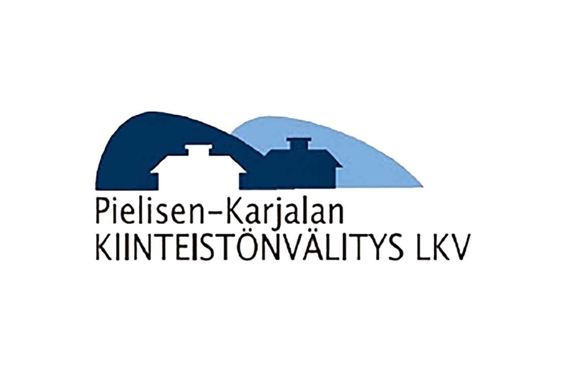 Pielisen-Karjalan Kiinteistönvälitys LKV -yrityksen logo. Logossa on kaksi tummansinistä ja vaaleansinistä kumpua tai mäkeä (vaaraa) kuvaavaa elementtiä. Mäkien eteen on asetettu kaksi tyyliteltyä talon siluettia – etummainen on valkoinen ja taaempi tummansininen. Mäkien alapuolella on tummanruskealla, isolla fontilla kaksi riviä tekstiä: "Pielisen-Karjalan" ja "KIINTEISTÖNVÄLITYS LKV". Logo on valkoisella taustalla.