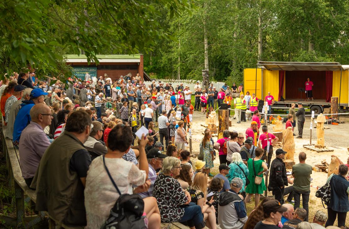 Laaja kuva ulkoilmatapahtumasta, luultavasti Karhufestivaaleilta, jossa suuri joukko ihmisi&auml; on kokoontunut katsomaan esityst&auml; tai kilpailua. Etualalla osa yleis&ouml;st&auml; istuu puisilla katsomoilla, ja taka-alalla seisoo lis&auml;&auml; yleis&ouml;&auml;. Oikealla on keltainen lava tai esiintymislava, jolla on esiintyj&auml;. Lavan edess&auml; on ty&ouml;stettyj&auml; puuveistoksia ja ty&ouml;ntekij&ouml;it&auml; keltaisissa liiveiss&auml;. Taustalla n&auml;kyy mets&auml;n reuna ja pieni, punainen rakennus.