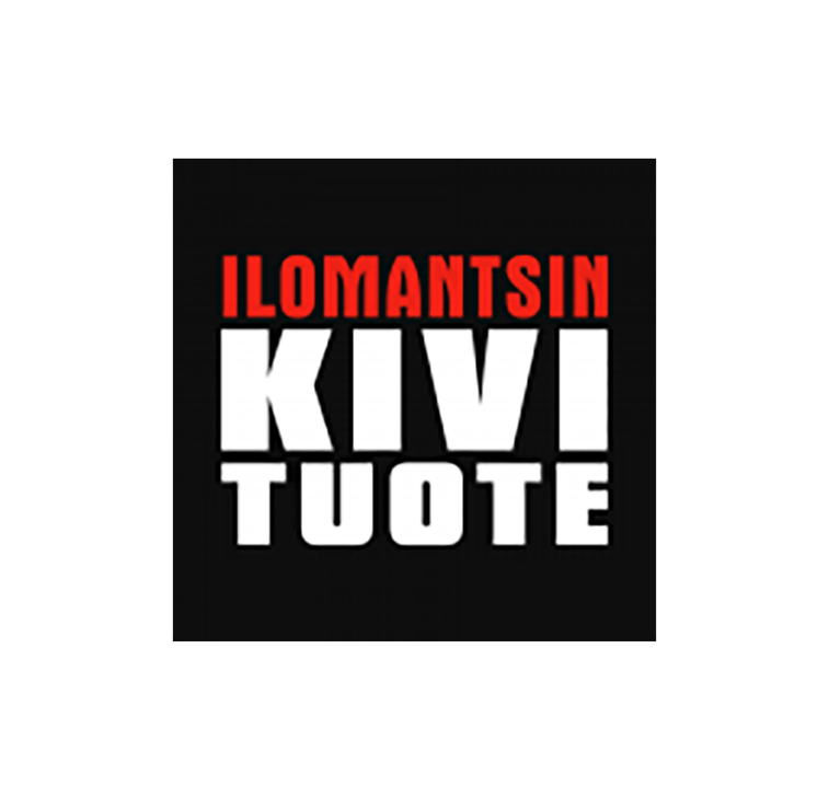 Ilomantsin Kivi Tuote -yrityksen logo. Logossa on tummanharmaa tausta, ja teksti on kolmella rivillä: Ylimpänä on punaisella, isolla fontilla "ILOMANTSIN". Keskellä on suurimmalla, valkoisella fontilla sana "KIVI". Alimpana on valkoisella fontilla sana "TUOTE".