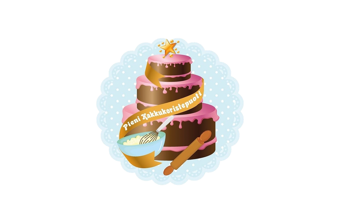 Pieni Kakkukoristepuoti -yrityksen logo. Logossa on vaaleansininen, py&ouml;re&auml;reunainen tausta, jossa on valkoisia pilkkuja. Keskell&auml; on kolmikerroksinen suklaakakku, jota peitt&auml;&auml; vaaleanpunainen sokerikuorrute. Kakun ymp&auml;rill&auml; kiert&auml;&auml; oranssi nauha, jossa lukee teksti "Pieni Kakkukoristepuoti". Kakun p&auml;&auml;ll&auml; on kultainen t&auml;hti. Kakun edess&auml; on kulho, jossa on taikinaa ja vispil&auml;, sek&auml; puinen kaulin.