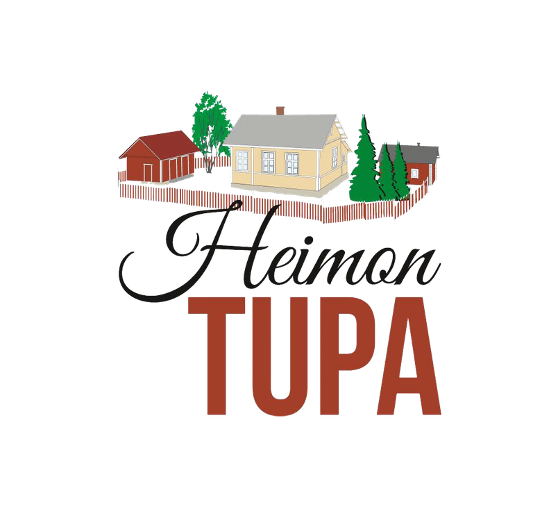 Heimon Tupa -yrityksen logo. Logossa on yläosassa piirroskuva perinteisestä suomalaisesta pihapiiristä, jossa on keltaisia ja punaisia puurakennuksia ja valkoinen puuaita. Rakennusten ympärillä on vihreitä lehti- ja havupuita. Kuvan alapuolella on teksti: mustalla, kursivoidulla, koristeellisella fontilla sana "Heimon" ja suurella, tummanruskealla, paksulla fontilla sana "TUPA".
