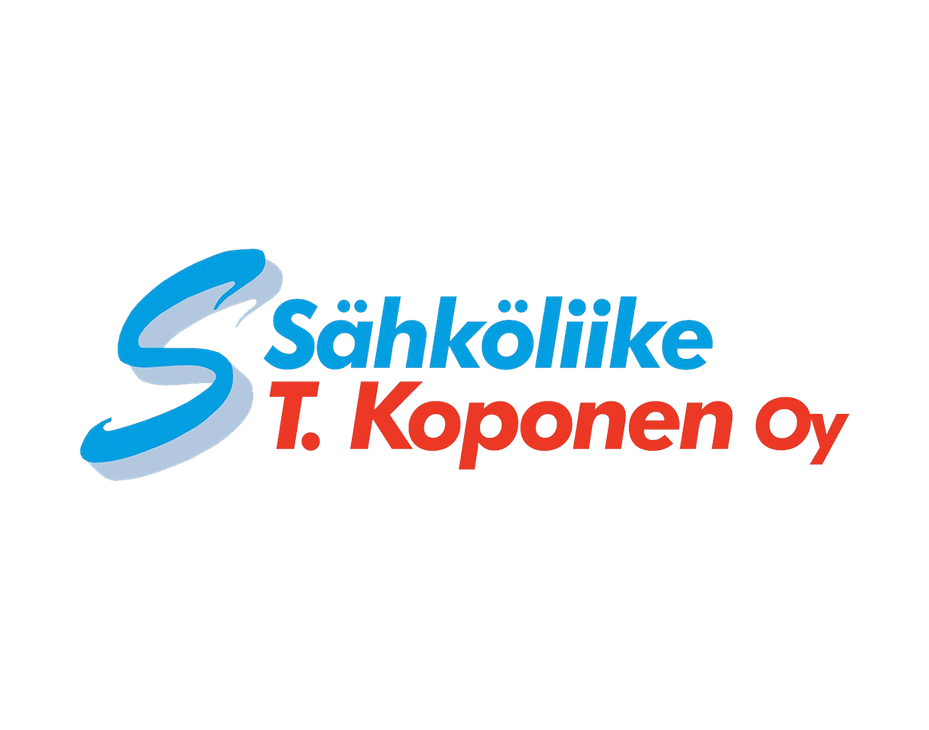 Sähköliike T. Koponen Oy -yrityksen logo. Vasemmalla on suuri, tyylitelty, sininen S-kirjain. Sen oikealla puolella on kaksi riviä tekstiä: ylärivillä sinisellä, pienemmällä fontilla "Sähköliike" ja alarivillä suuremmalla, kirkkaanpunaisella fontilla "T. Koponen Oy". Logo on valkoisella taustalla.