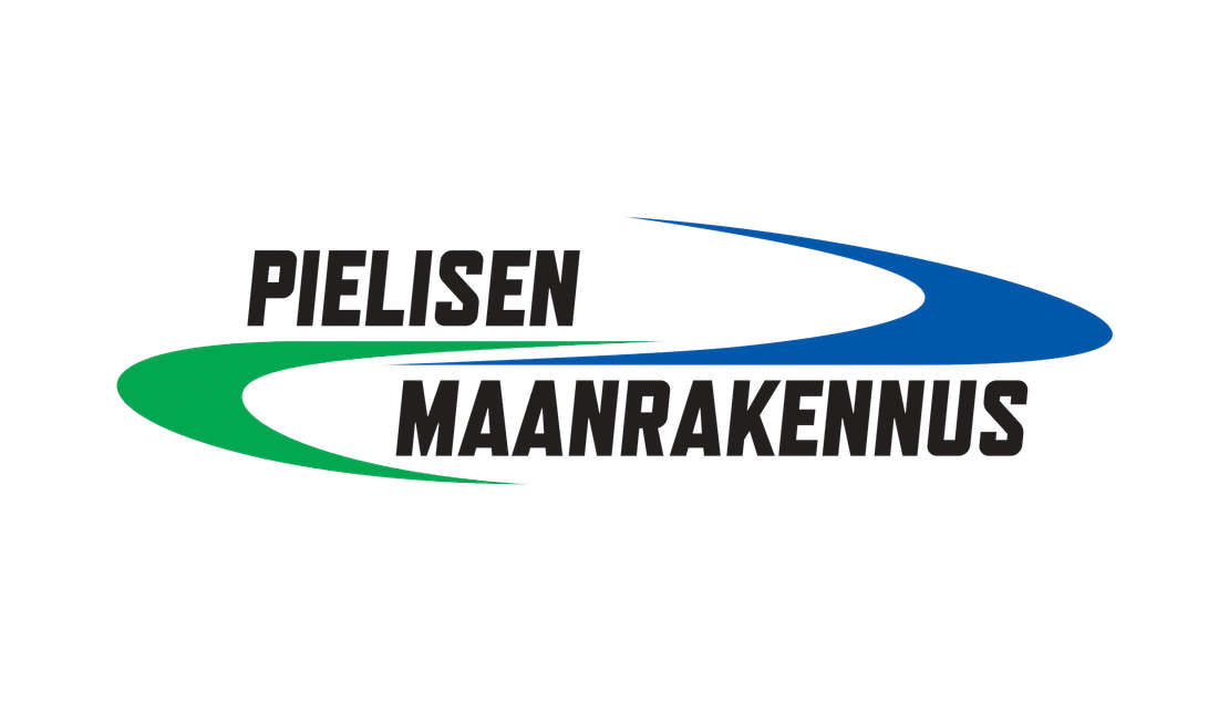 Pielisen Maanrakennus -yrityksen logo. Logossa on kaksi kaarevaa, toisiaan halaavaa elementtiä: vasemmalla vihreä ja oikealla sininen. Vihreä kaari on sijoitettu yläpuolelle ja sininen alapuolelle. Näiden yläpuolella lukee mustalla, isolla fontilla "PIELISEN" ja alapuolella niin ikään mustalla, isolla fontilla "MAANRAKENNUS". Logo on valkoisella taustalla.