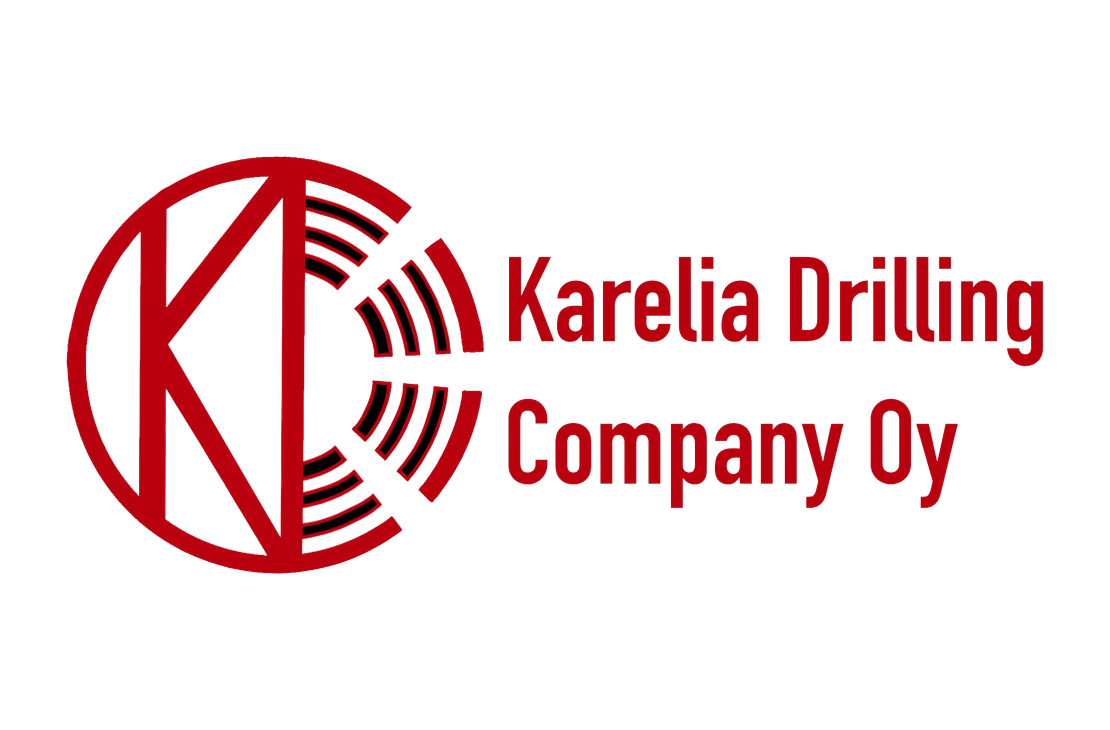 Karelia Drilling Company Oy:n logo. Vasemmalla on punainen pyöreä symboli, jonka sisällä on K-kirjain ja oikealla puolella kairausta muistuttavia kaarevia viivoja. Oikealla lukee yrityksen nimi punaisella tekstillä kahdella rivillä.
