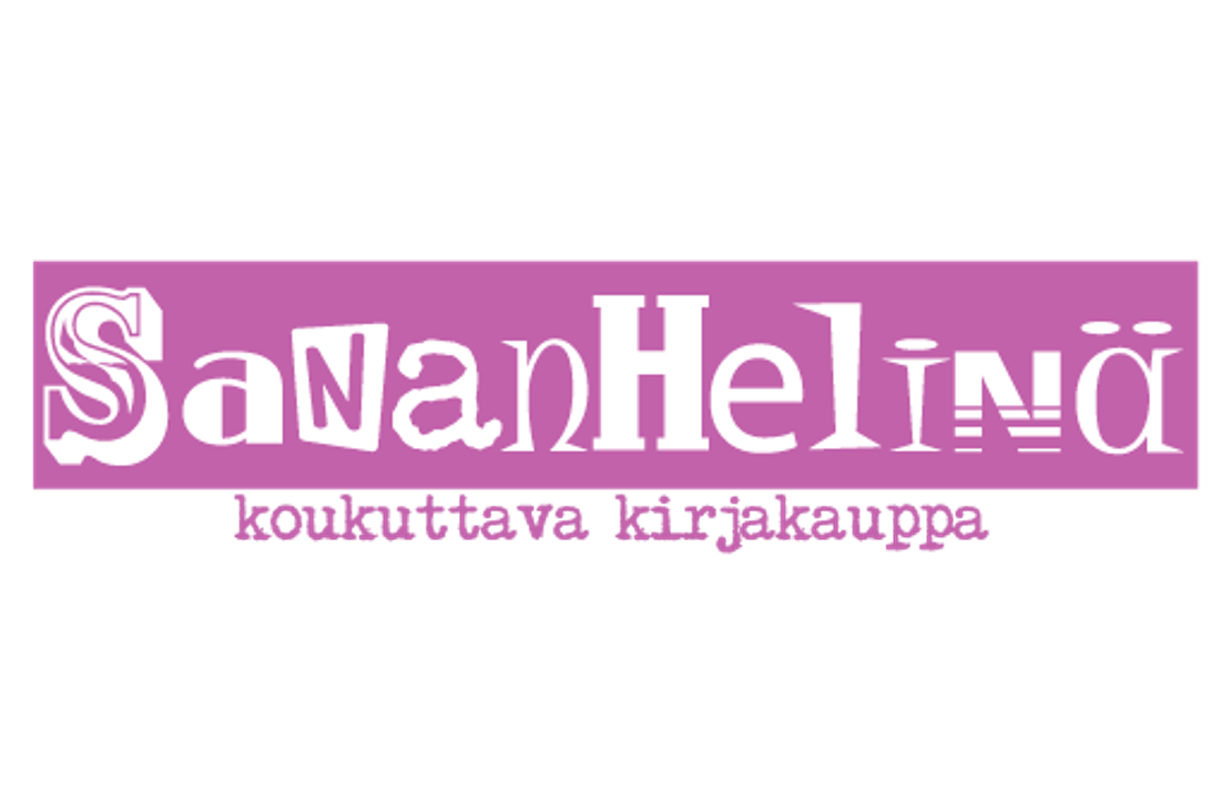 Sananhelinä-yrityksen logo. Logossa on vaalean violetti (liila), suorakulmion muotoinen tausta. Ylärivillä lukee valkoisella, isolla fontilla sana "SananHelinä", jossa jokainen kirjain on eri fonttityyliä, muunnelmaa tai kokoa, luoden leikkisän ja epäsäännöllisen vaikutelman. Sen alapuolella on toinen rivi valkoista tekstiä, joka on epäselvä, mutta siinä on aaltoilevia muotoja.