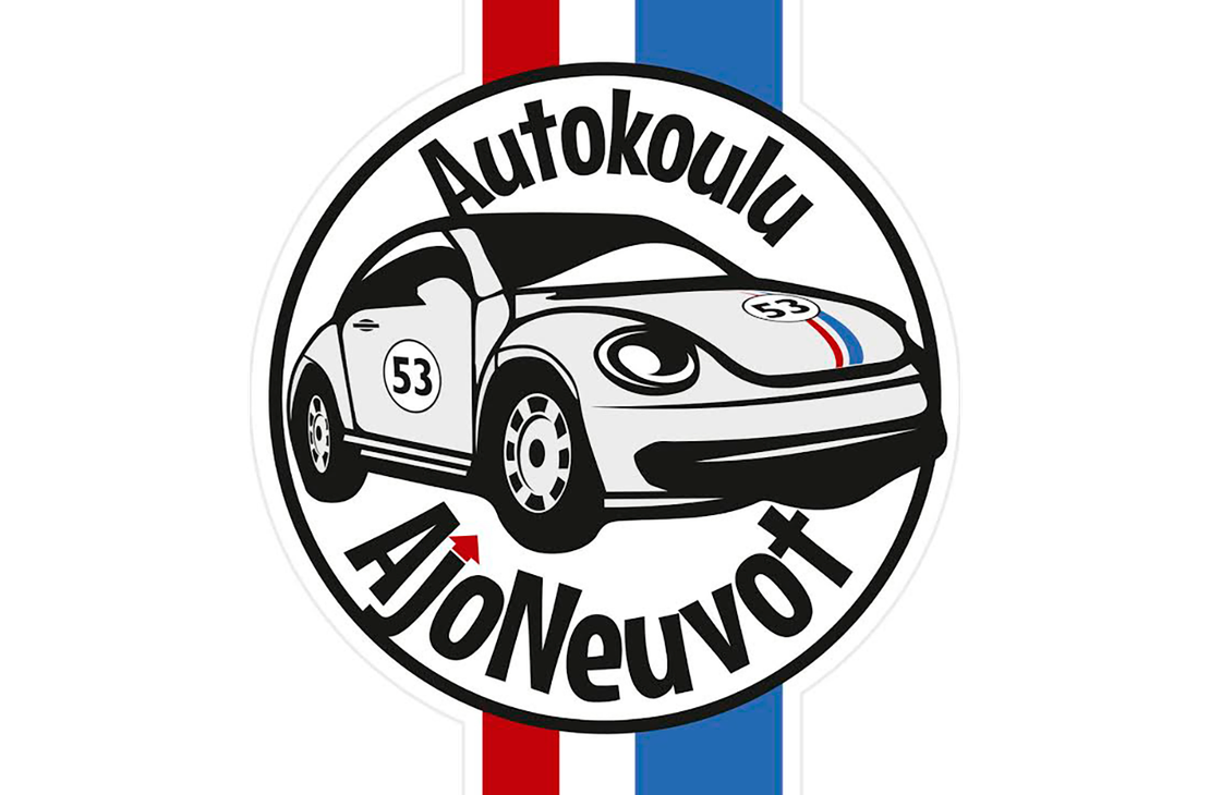 Autokoulu AjoNeuvot -yrityksen logo. Logossa on valkoinen, pyöreä tunnus mustalla kehyksellä. Kehyksen sisällä on tyylitelty, mustavalkoinen piirroskuva Volkkari Kuplasta (Herbie, numero 53). Tunnuksen yläosassa lukee kaarevasti teksti "Autokoulu" ja alaosassa kaarevasti "AjoNeuvot". Taustalla on valko-punainen ja valko-sininen pystyraita, joka muistuttaa Ranskan lippua tai kilpa-auton raitoja.