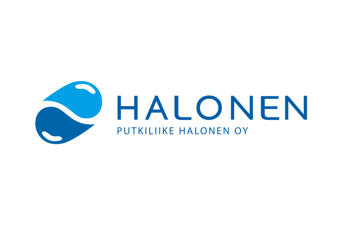 Putkiliike Halonen Oy -yrityksen logo. Vasemmalla on kaksi tyyliteltyä, toisiinsa kietoutuvaa vesipisaraa: ylempi on vaaleansininen ja alempi tummansininen, molemmissa on valkoisia kiiltoja. Oikealla on sinisellä, isolla fontilla sana "HALONEN". Sen alapuolella on vaaleankeltaisella tekstillä pienemmällä fontilla teksti "PUTKILIIKE HALONEN OY". Logo on tummanvihreällä taustalla.