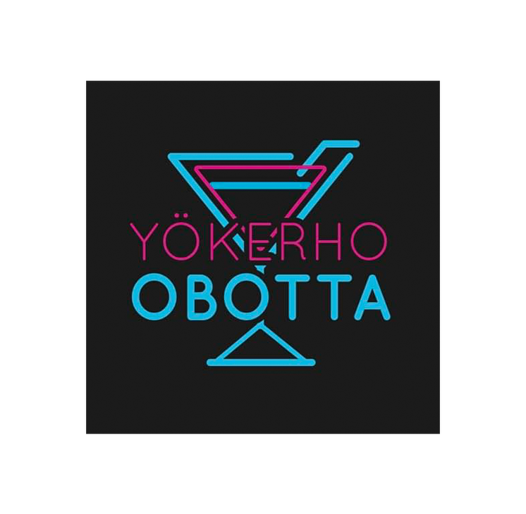 Y&ouml;kerho Obotta -yrityksen logo. Logossa on musta, neli&ouml;nmuotoinen tausta. Yl&auml;osassa on tyylitelty, neon-henkinen, p&auml;&auml;llekk&auml;in aseteltu cocktail-lasin &auml;&auml;riviivapiirros turkoosina ja fuksianpunaisena. Sen alla on teksti kahdella rivill&auml;: yl&auml;rivill&auml; fuksianpunaisella ohuella fontilla "Y&Ouml;KERHO" ja alarivill&auml; turkoosinsinisell&auml; ohuella fontilla "OBOTTA". Tekstin alla on turkoosinsininen kolmio.