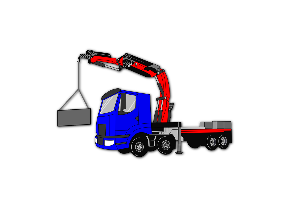 Kuljetusliike Pellikka -yrityksen logo tai grafiikka. Kuvassa on tyylitelty, sarjakuvamainen piirros sinisest&auml; kuorma-autosta, jossa on punainen nosturi lavan p&auml;&auml;ll&auml;. Nosturi on ojennettuna ja nostaa harmaata, suorakulmion muotoista esinett&auml;. Kuorma-auto on mustalla taustalla.