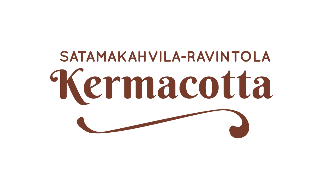 Satamakahvila-Ravintola Kermacotta -yrityksen logo. Logossa on tummanruskea teksti mustalla taustalla. Ylärivillä lukee pienemmällä, isoin kirjaimin kirjoitetulla fontilla teksti "SATAMAKAHVILA-RAVINTOLA". Sen alapuolella on suuri, koristeellinen, kursivoitu fontti, jossa lukee "Kermacotta". Nimen alla on tyylitelty, koristeellinen aaltoileva viiva.
