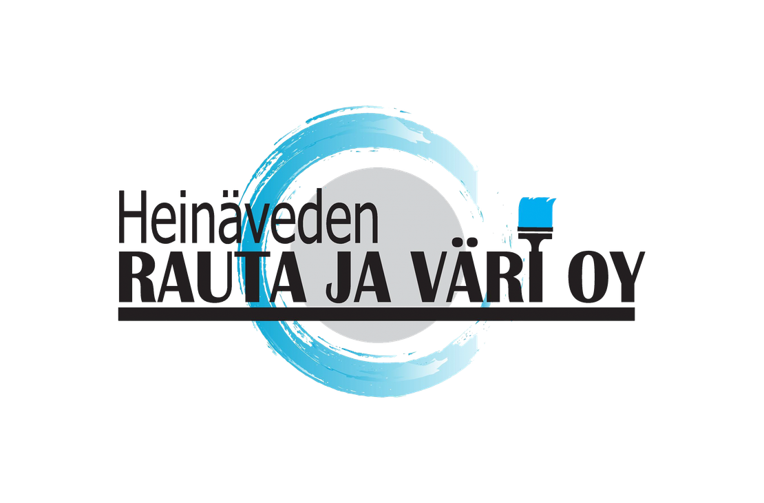 Heinäveden Rauta Ja Väri Oy -yrityksen logo. Logossa on suuri, valkoinen teksti "Heinäveden" sijoitettuna harmaan ympyrän päälle. Sen alla on suurempi, musta teksti "RAUTA JA VÄRI OY". Tekstin takana on pyöreä, tyylitelty kuvio, joka muistuttaa sinisellä maalattuja siveltimen vetoja ja harmaata alustaa. I-kirjaimen päällä on sininen siveltimenpää. Tekstin alla on paksu musta viiva. Logo on valkoisella taustalla.