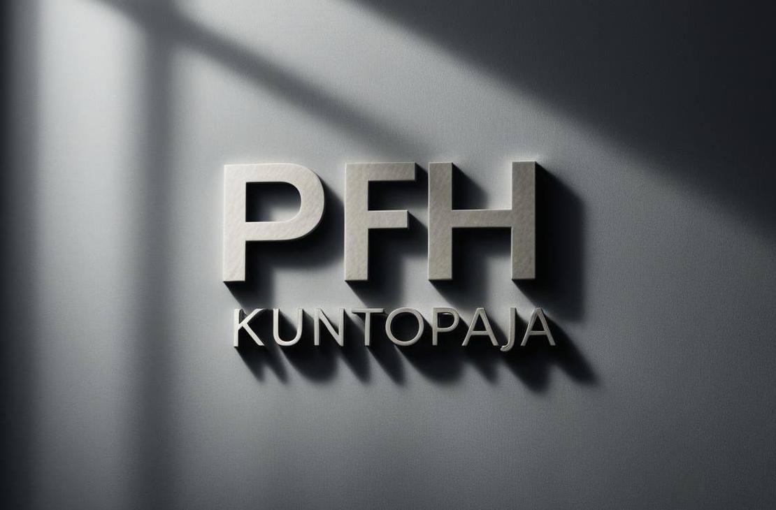 PFH Kuntopaja -yrityksen 3D-logo. Logossa on suuret, hopeanväriset, kohollaan olevat kirjaimet "PFH" ja niiden alla pienemmällä fontilla teksti "KUNTOPAJA". Logo on sijoitettu tummanharmaalle, minimalistiselle seinäpinnalle, johon heijastuu diagonaalisesti valoa ja varjoja, luoden dramaattisen vaikutelman.