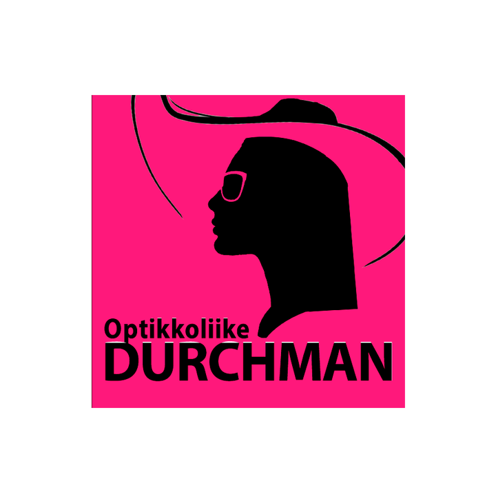 Optikkoliike Durchman -yrityksen logo. Logossa on kirkkaan fuksianpunainen neliömäinen tausta. Yläosassa on musta siluetti naisen päästä, joka on pukeutunut leveälieriseen hattuun ja jolla on silmälasit tai aurinkolasit. Silmälaseissa näkyy ohut pinkki ääriviiva. Mustan siluetin alapuolella, vasemmassa alakulmassa, on mustalla tekstillä kaksi riviä: pienemmällä fontilla "Optikkoliike" ja isolla, paksulla fontilla "DURCHMAN".