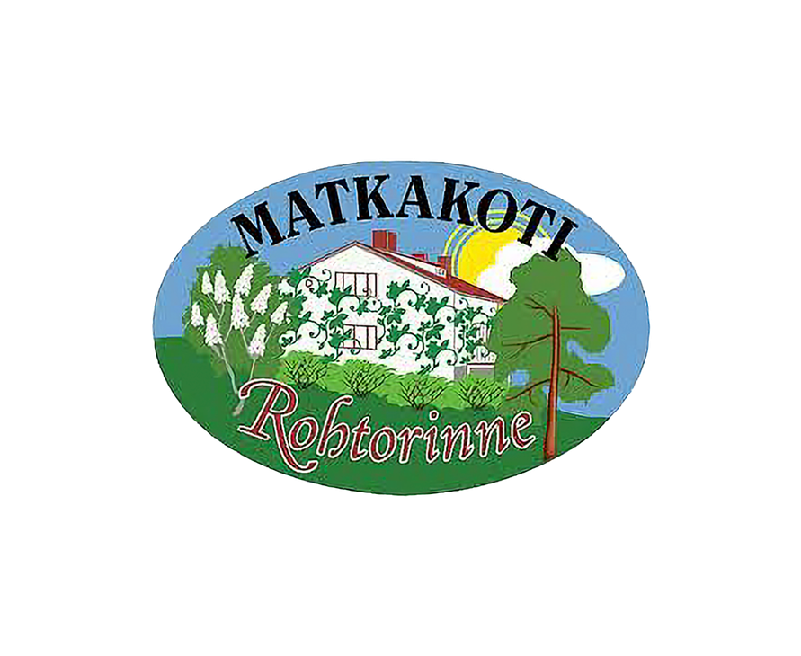 Matkakoti Rohtorinne -yrityksen logo. Logossa on soikea kehys, jonka sisällä on piirroskuva valkoisesta, kaksikerroksisesta talosta, jonka seinillä kasvaa vihreää köynnöstä. Talon edessä on pensaita, vasemmalla kukkiva syreeni ja oikealla havupuu. Taustalla näkyy keltainen aurinko ja pilviä. Ylhäällä kaarevasti lukee tummansinisellä tekstillä "MATKAKOTI" ja alhaalla suurimmalla, punaisella, koristeellisella fontilla sana "Rohtorinne".