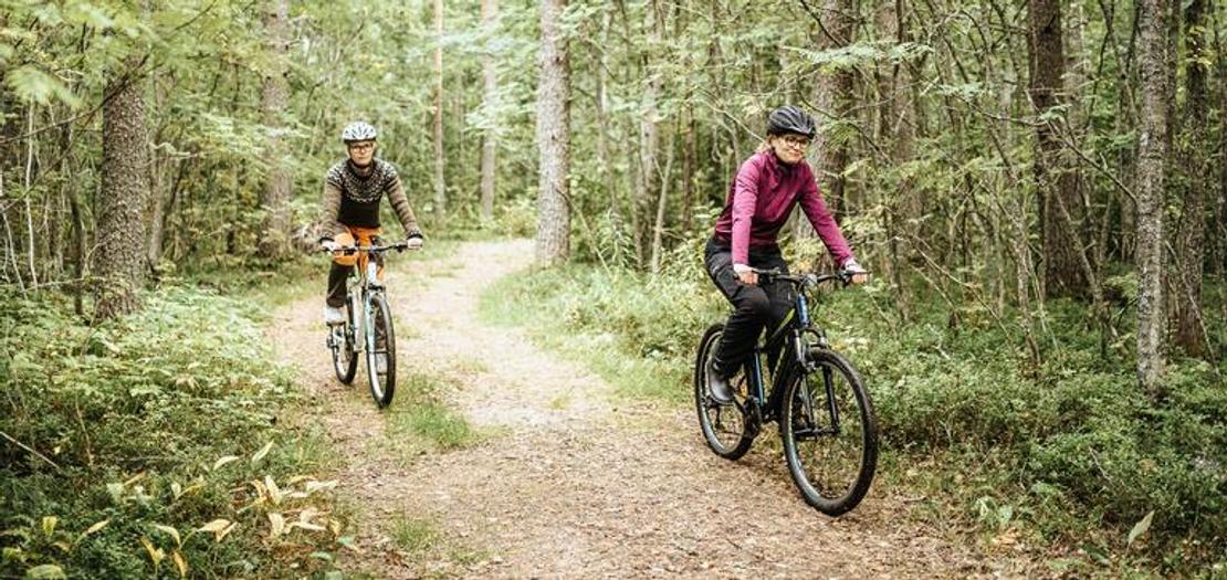 Kaksi henkilöä, nainen etualalla ja toinen henkilö taustalla, pyöräilevät mutkittelevaa hiekkatietä pitkin tiheässä metsässä. Nainen etualalla on pukeutunut pinkkiin paitaan ja kypärään, ja hän ajaa tummaa maastopyörää. Taustalla oleva pyöräilijä on pukeutunut tummiin vaatteisiin ja ajaa vaaleampaa pyörää. Polkua reunustaa runsas, vihreä aluskasvillisuus.