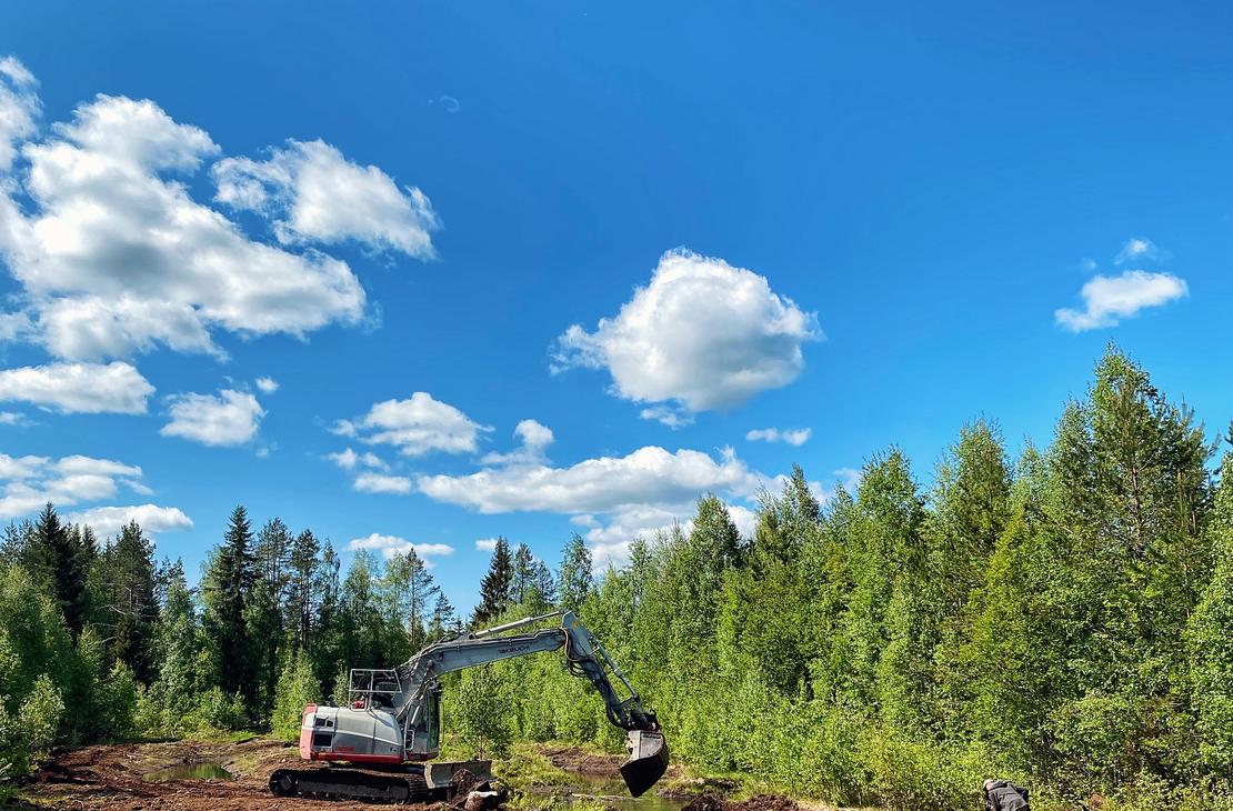 Takeuchi kaivinkone kaivaa kosteikkoallasta. Aurinkoinen kesäpäivä ja puut vihertävät kaivinkoneen ympärillä.
