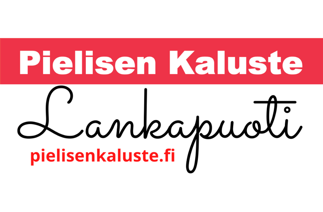 Pielisen Kaluste -yrityksen logo tai tunnus. Logossa on kirkkaan punainen suorakulmion muotoinen tausta. Keskellä lukee suurella, valkoisella, lihavoidulla fontilla teksti "Pielisen Kaluste". Lankapuoti-yrityksen logo. Logossa on tummanharmaa, kursivoitu ja hyvin koristeellinen, silmukkainen teksti, joka lukee todennäköisesti "Lankapuoti" tai vastaava. Teksti on tehty ohuella viivalla ja sillä on 3D-efekti tai varjostus. Logo on mustalla tai hyvin tummalla taustalla.