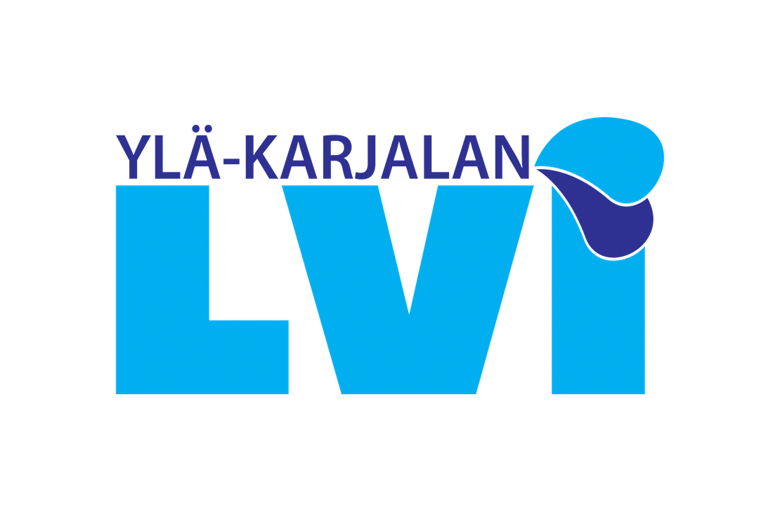 Ylä-Karjalan LVI -yrityksen logo. Ylärivillä lukee tummansinisellä, isolla fontilla "YLÄ-KARJALAN". Sen alapuolella on erittäin suuri, kirkkaan **vaaleansininen teksti "LVI" isolla ja paksulla fontilla. I-kirjaimen yläosa on korvattu tumman- ja vaaleansinisen värisellä, tyylitellyllä vesipisarasymbolilla. Logo on valkoisella taustalla.