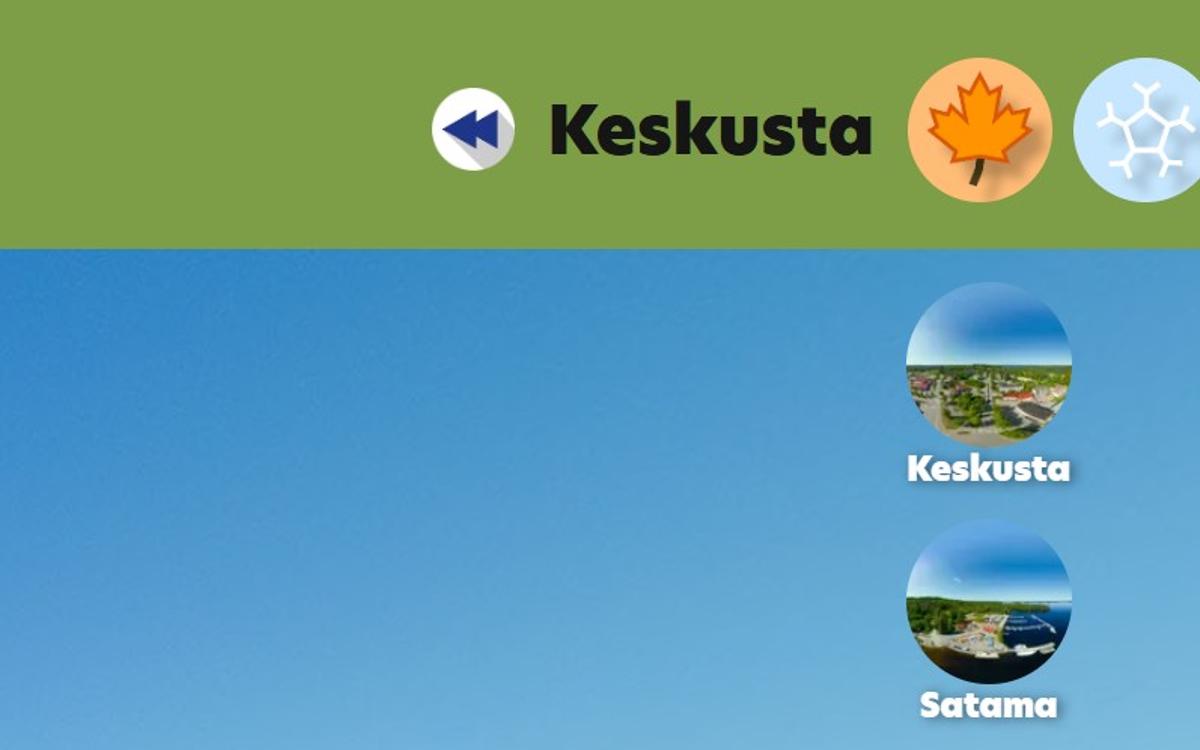 Käyttöliittymän yläosassa on vihreä palkki, jossa on paluu-nuoli, otsikko "Keskusta" sekä syksyä (vaahteranlehti) ja talvea (lumihiutale) symboloivat vuodenaikakuvakkeet. Oikeassa reunassa on pyöreät esikatselukuvat näkymille "Keskusta" ja "Satama".