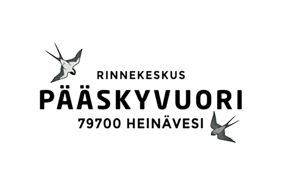 Rinneksekus Pääskyvuori, 79700 Heinävesi -yrityksen logo. Logossa on suuri, musta, lihavoitu teksti "PÄÄSKYVUORI". Yläpuolella lukee pienemmällä, mustalla tekstillä "RINNEKESKUS" ja alapuolella niin ikään pienemmällä mustalla tekstillä "79700 HEINÄVESI". Tekstin ympärillä on kaksi mustavalkoista, tyyliteltyä kuvaa liitävästä pääskystä. Logo on valkoisella taustalla.