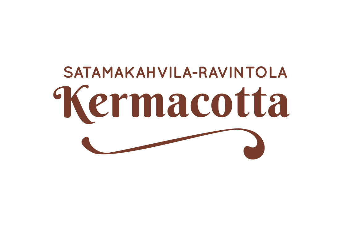 Satamakahvila-Ravintola Kermacotta -yrityksen logo. Logossa on tummanruskea teksti mustalla taustalla. Ylärivillä lukee pienemmällä, isoin kirjaimin kirjoitetulla fontilla teksti "SATAMAKAHVILA-RAVINTOLA". Sen alapuolella on suuri, koristeellinen, kursivoitu fontti, jossa lukee "Kermacotta". Nimen alla on tyylitelty, koristeellinen aaltoileva viiva.