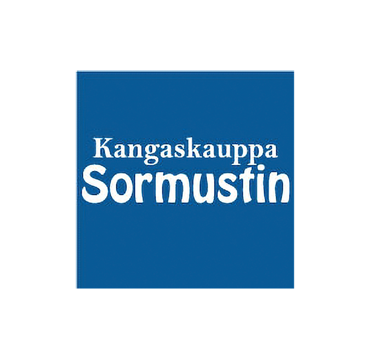 Kangaskauppa Sormustin -yrityksen logo. Logossa on tummansininen, neli&ouml;nmuotoinen tausta. Yl&auml;rivill&auml; lukee valkoisella, pienemm&auml;ll&auml; serif-fontilla teksti "Kangaskauppa". Sen alla on isolla, valkoisella, paksulla sans-serif-fontilla sana "Sormustin".