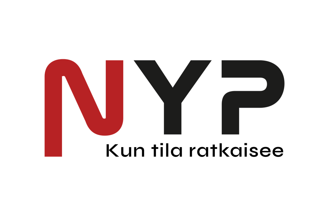 NYP-yrityksen logo. Logossa on suuret, paksut kirjaimet "NYP". N-kirjain on tumman viininpunainen ja YP-kirjaimet ovat tummanharmaa. Kirjaimet ovat tyyliteltyjä ja toisiinsa kytkeytyneitä. Kirjainten alapuolella on tummanharmaa vaakasuora viiva ja sen alla on valkoisella, pienellä tekstillä jokin epäselvä tunnuslause tai nimi. Logo on mustalla taustalla.