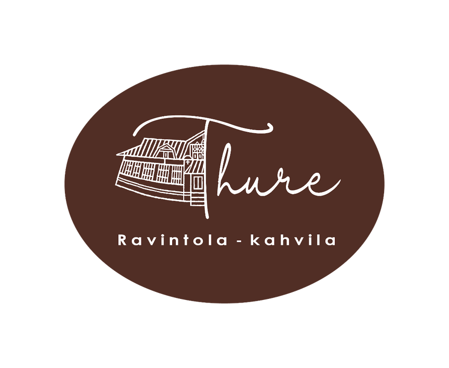 Ravintola-Kahvila Thure -yrityksen logo. Logossa on tummanruskea, soikea tausta. Keskell&auml; on valkoisella &auml;&auml;riviivalla piirretty, tyylitelty vanha rakennus (talo), jonka p&auml;&auml;ll&auml; lukee suuri, valkoinen, k&auml;sinkirjoitetun n&auml;k&ouml;inen teksti "Thure". Rakennus ja teksti sulautuvat toisiinsa. Alhaalla lukee pienemm&auml;ll&auml;, valkoisella tekstill&auml; "Ravintola - kahvila".