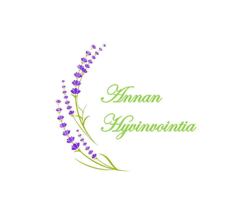 Annan Hyvinvointia -yrityksen logo. Vasemmalla on tyylitelty, kaareva oksa, jossa on piirroskuva violetin värisistä laventelinkukista ja vihreistä varsista. Oikealla puolella lukee kirkkaan limevihreällä, koristeellisella, kursivoidulla fontilla kaksi riviä tekstiä: "Annan" ja "Hyvinvointia". Logo on valkoisella taustalla.