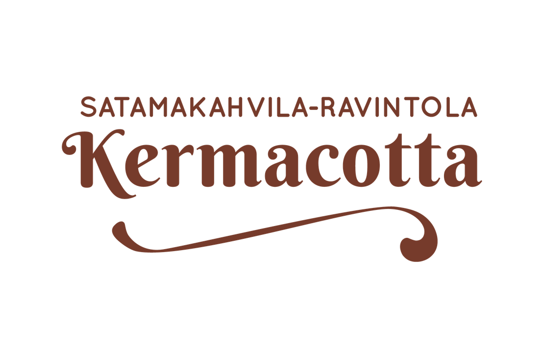 Satamakahvila-Ravintola Kermacotta -yrityksen logo. Logossa on tummanruskea teksti mustalla taustalla. Ylärivillä lukee pienemmällä, isoin kirjaimin kirjoitetulla fontilla teksti "SATAMAKAHVILA-RAVINTOLA". Sen alapuolella on suuri, koristeellinen, kursivoitu fontti, jossa lukee "Kermacotta". Nimen alla on tyylitelty, koristeellinen aaltoileva viiva.