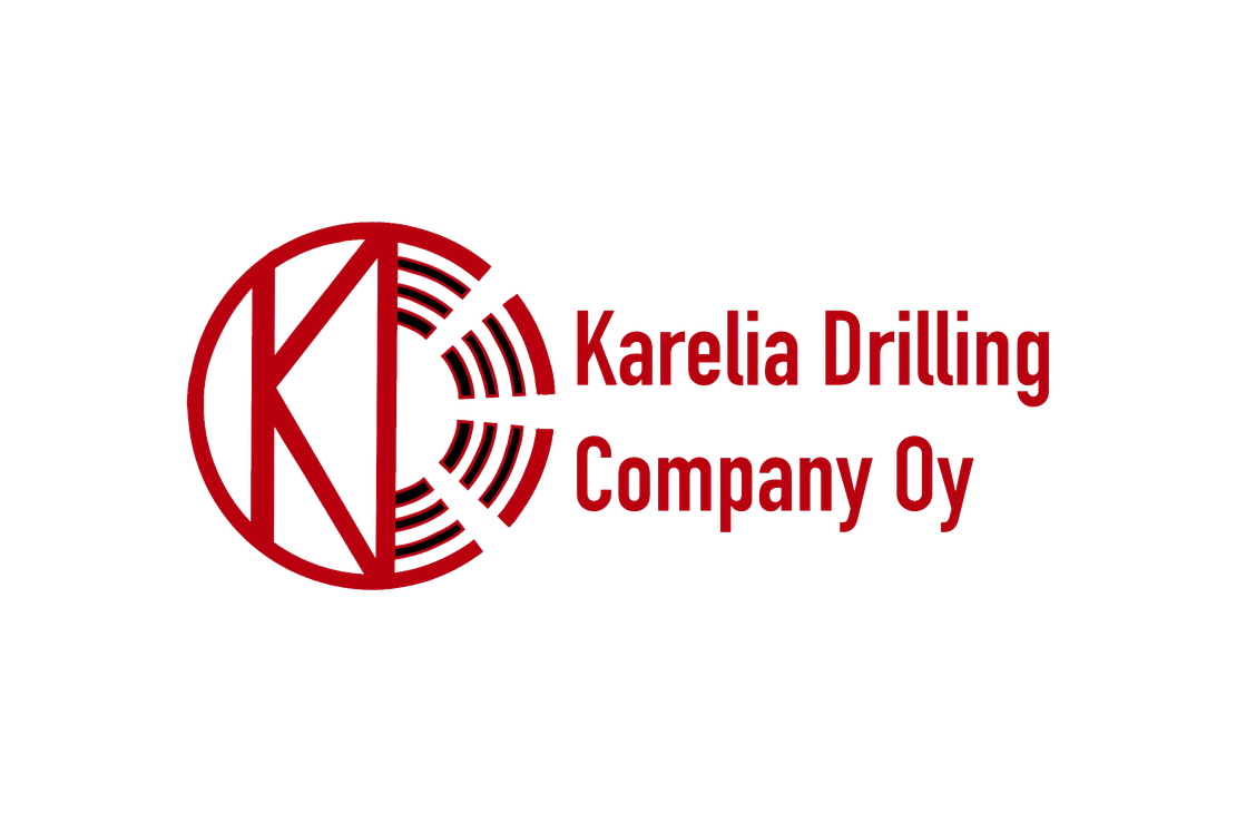 Karelia Drilling Company Oy:n logo. Vasemmalla on punainen pyöreä symboli, jonka sisällä on K-kirjain ja oikealla puolella kairausta muistuttavia kaarevia viivoja. Oikealla lukee yrityksen nimi punaisella tekstillä kahdella rivillä.