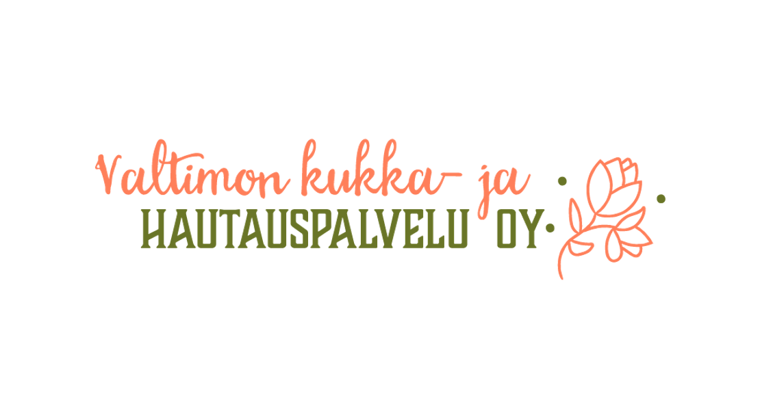 Valtimon Kukka- ja Hautauspalvelu Oy -yrityksen logo. Vasemmalla on kaksi riviä tekstiä: ylärivillä oranssinpunaisella, kursivoidulla, käsinkirjoitetun näköisellä fontilla teksti "Valtimon kukka- ja". Alarivillä on tummanvihreällä, paksulla, isolla fontilla teksti "HAUTAUSPALVELU OY". Oikealla on tyylitelty, oranssinpunainen ruusun tai kukan ääriviivapiirros, jota ympäröi tummanvihreitä pisteitä. Logo on valkoisella taustalla.