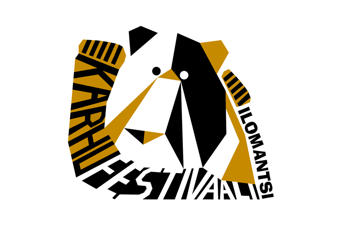 Ilomantsin Karhufestivaalin logo, joka on tyylitelty, abstrakti karhun pään muotoinen kuva. Logo on toteutettu mustan, valkoisen ja kullanruskean väreillä, ja se on koottu terävistä, geometrisista paloista. Karhun muodon sisään ja ympärille on integroitu teksti "KARHU", "FESTIVAALI" ja "ILOMANTSI" pystysuunnassa. Logo on sijoitettu valkoiselle taustalle.
