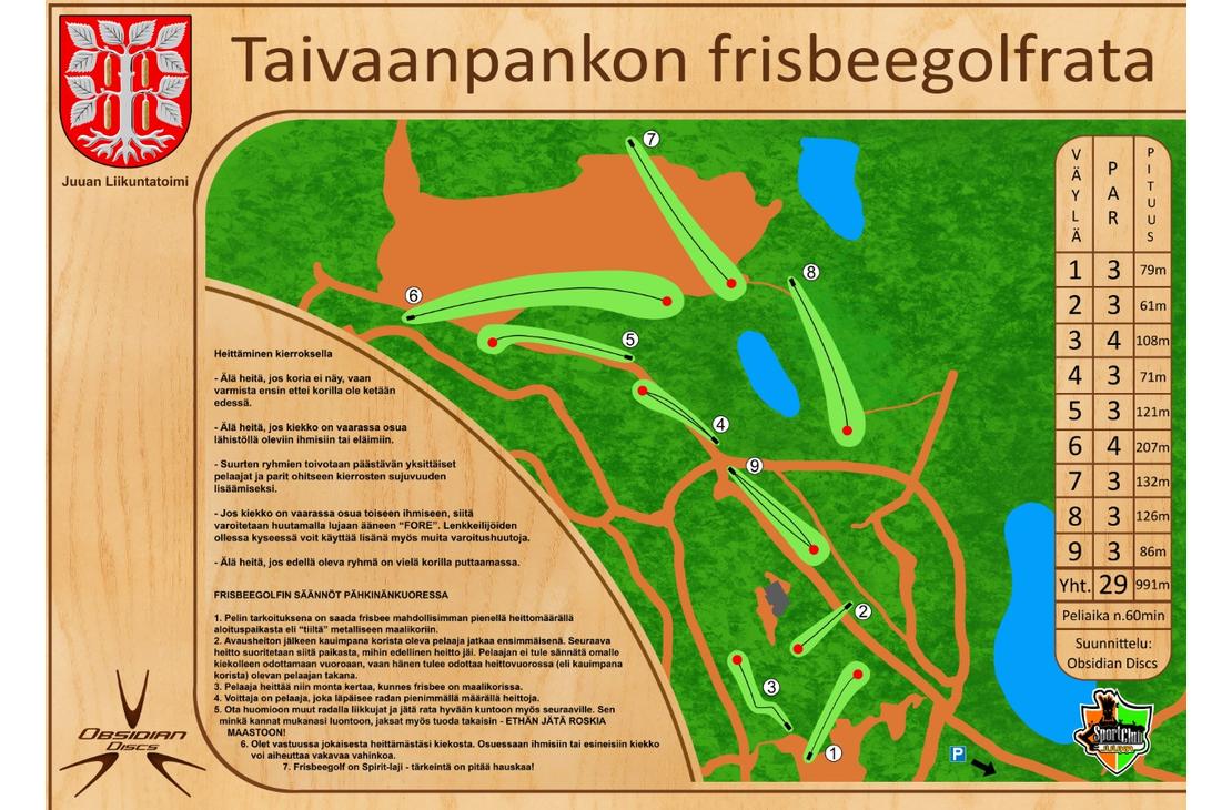 Taivaanpankon frisbeegolfradan opaskartta. Kartta on esitetty puunvärisellä taustalla ja se sisältää Juuan kunnan vaakunan. Kartan kuva-alue on ylhäältä pyöristetty ja se esittää radan layoutin: vihreät väylät tummanvihreän metsän ja oranssin/ruskean maaston keskellä, sekä sinisiä vesialueita. Vasemmalla on tekstiä säännöistä ja ohjeista. Oikealla on taulukko, jossa luetellaan väylien numerot, pituudet ja par-luvut.