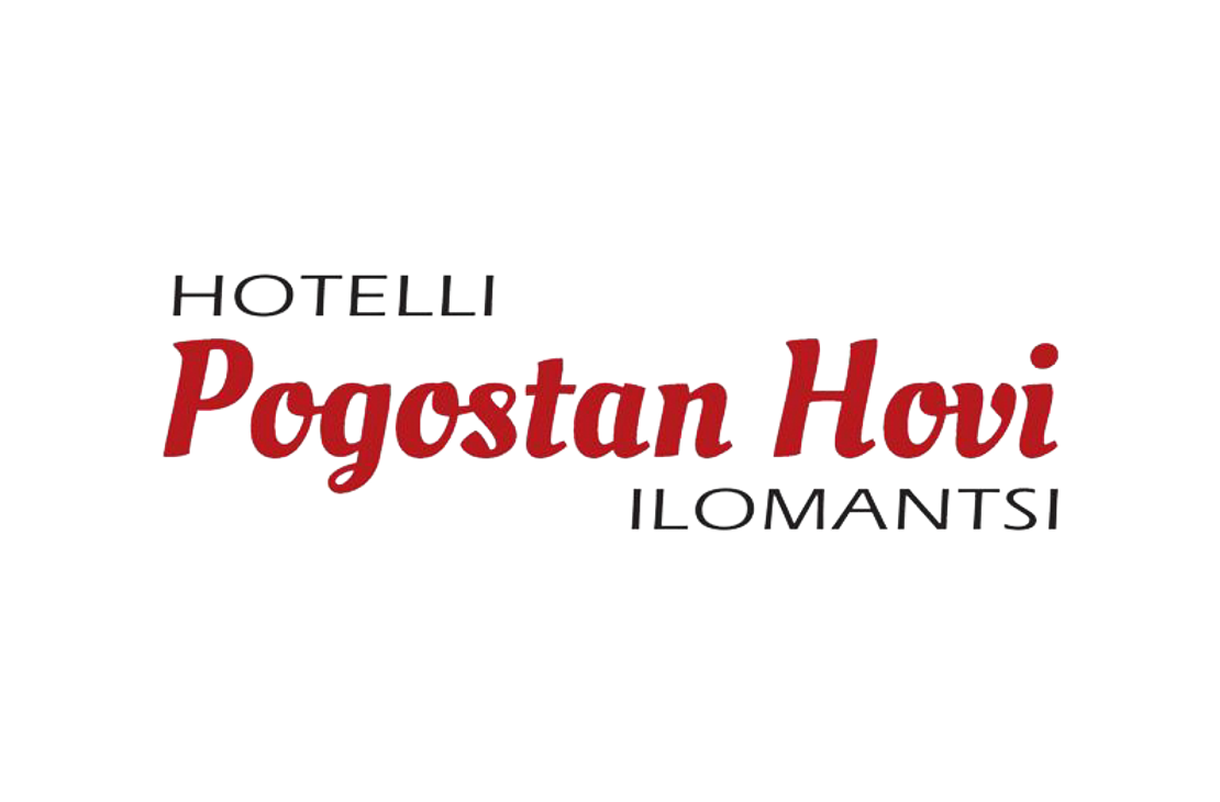 Hotelli Pogostan Hovi -yrityksen logo. Logossa lukee mustalla tekstillä ylhäällä pienemmällä fontilla "HOTELLI" ja alhaalla oikealla "ILOMANTSI". Keskellä on suuri, punainen, kursivoitu ja koristeellinen teksti "Pogostan Hovi". Logo on valkoisella taustalla.