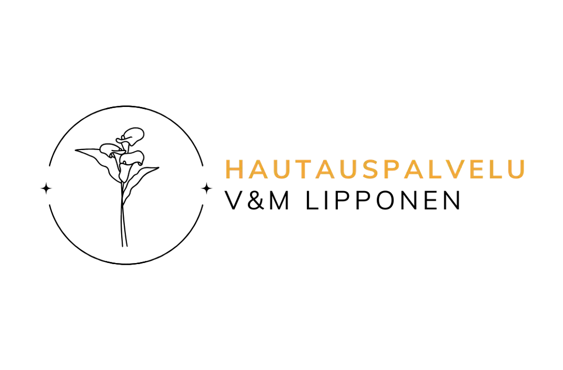 Hautauspalvelu V&M Lipponen -yrityksen logo. Logossa on tumma suorakulmainen pohja. Keskellä lukee suurella fontilla teksti "HAUTAUSPALVELU", jossa kirjaimet ovat oranssin, keltaisen ja harmaan sävyisiä. Teksti "V&M LIPPONEN" on todennäköisesti näkymättömissä tai pienemmällä fontilla samassa tummassa osassa. Logo on mustalla taustalla.