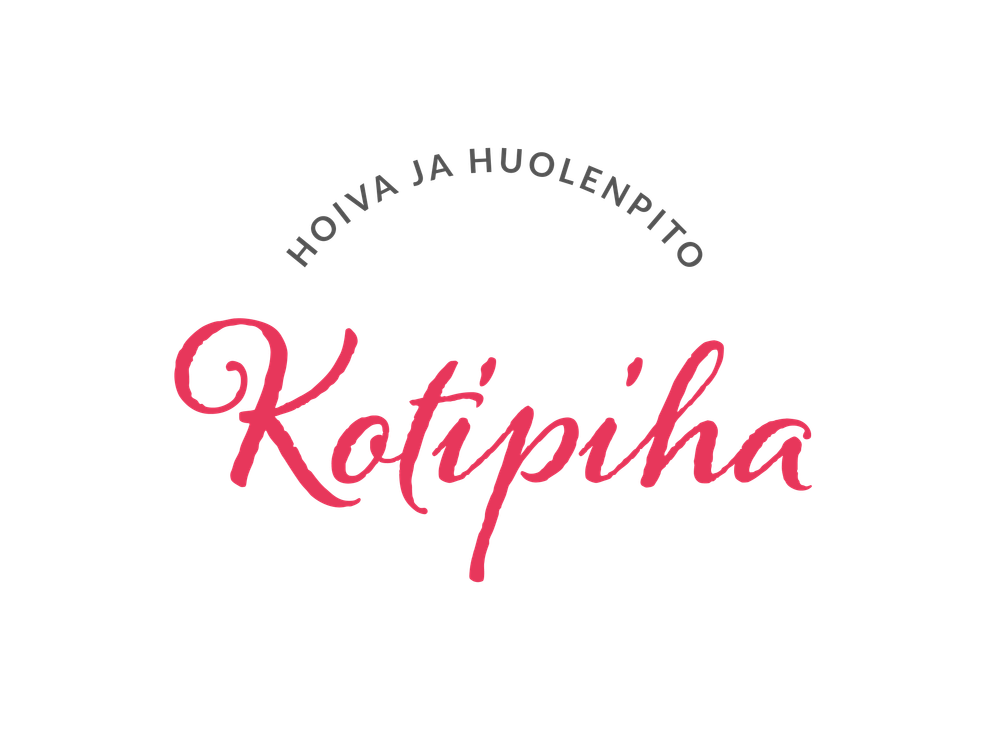 Kotipiha Hoiva ja Huolenpito -yrityksen logo. Sana "Kotipiha" on kirjoitettu suurella, punaisella, koristeellisella, käsinkirjoitetulla fontilla. Sen yläpuolella on kaarevasti sijoitettu harmaalla, pienemmällä tekstillä sanat "HOIVA JA HUOLENPITO". Logo on valkoisella taustalla.